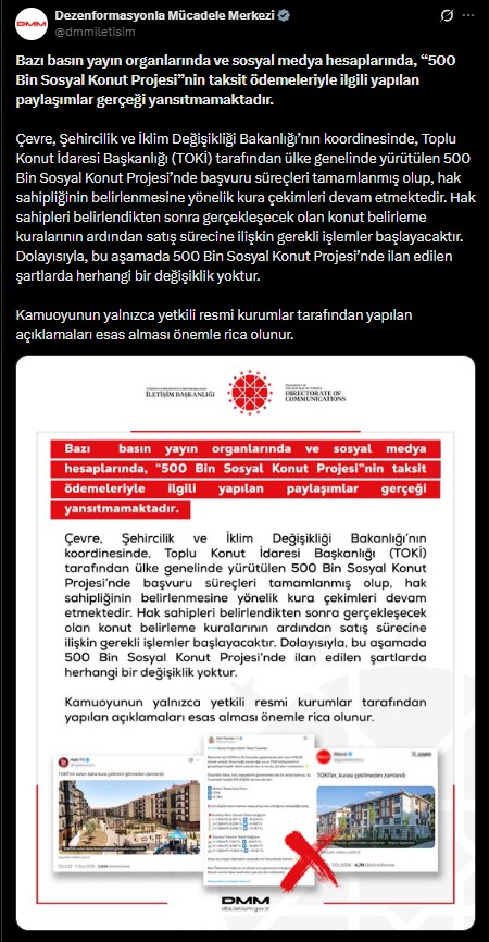 DMM’den 500 bin Sosyal Konut Projesi’nin taksit ödemeleriyle ilgili iddialara yalanlama!